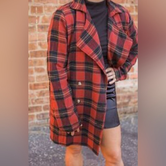 POL Red and Black Plaid Oversize Blazer Lightweight Double Breasted Long Jacket - Picture 17 of 17